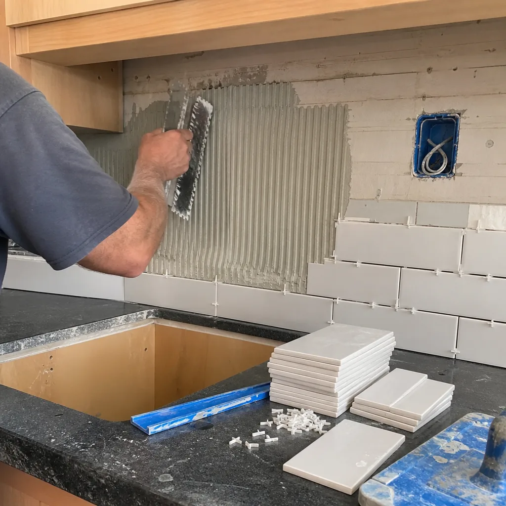 Professional tiling a kitchen backsplash with white subway tiles