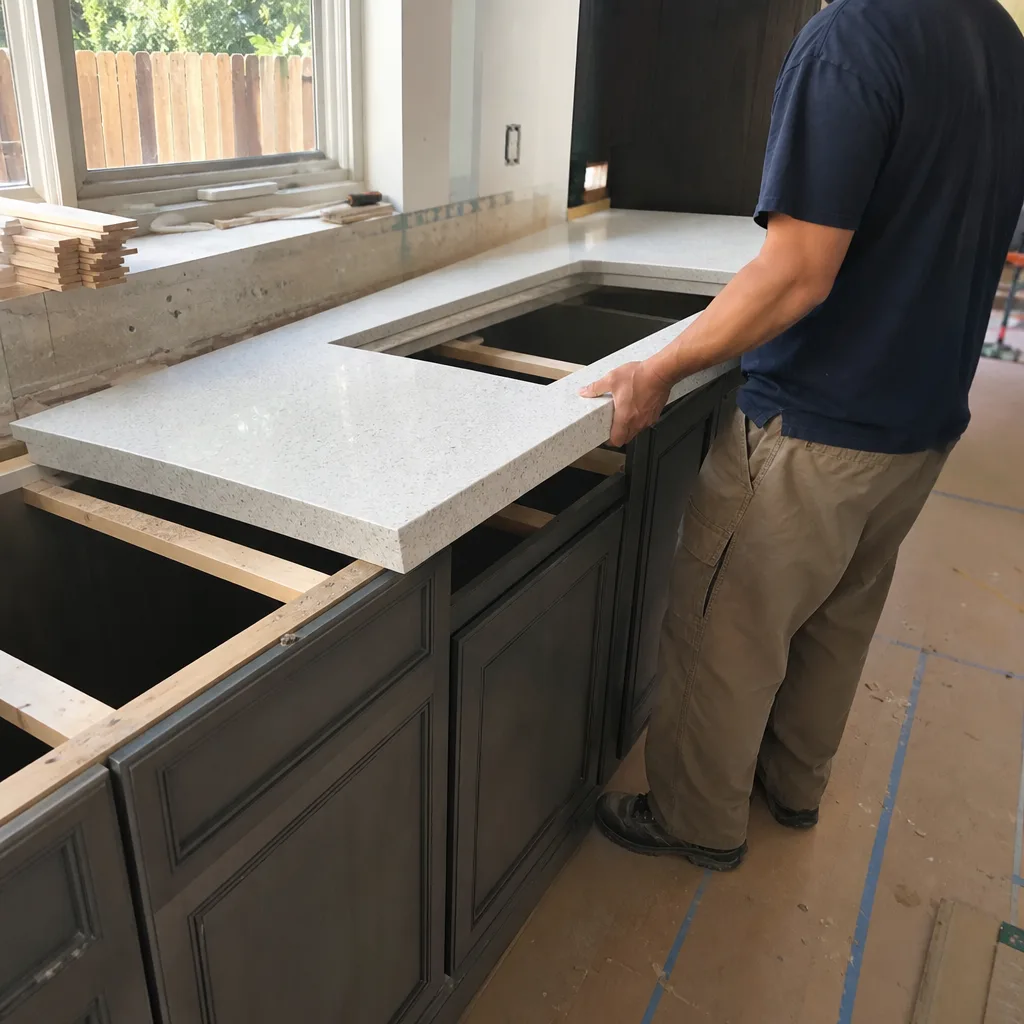Professional contractor installing a quartz kitchen countertop on base cabinets