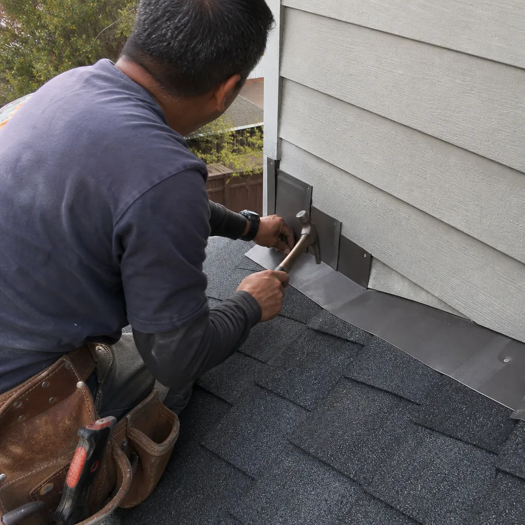 Professional roofer installing metal step flashing on residential roof shingles
