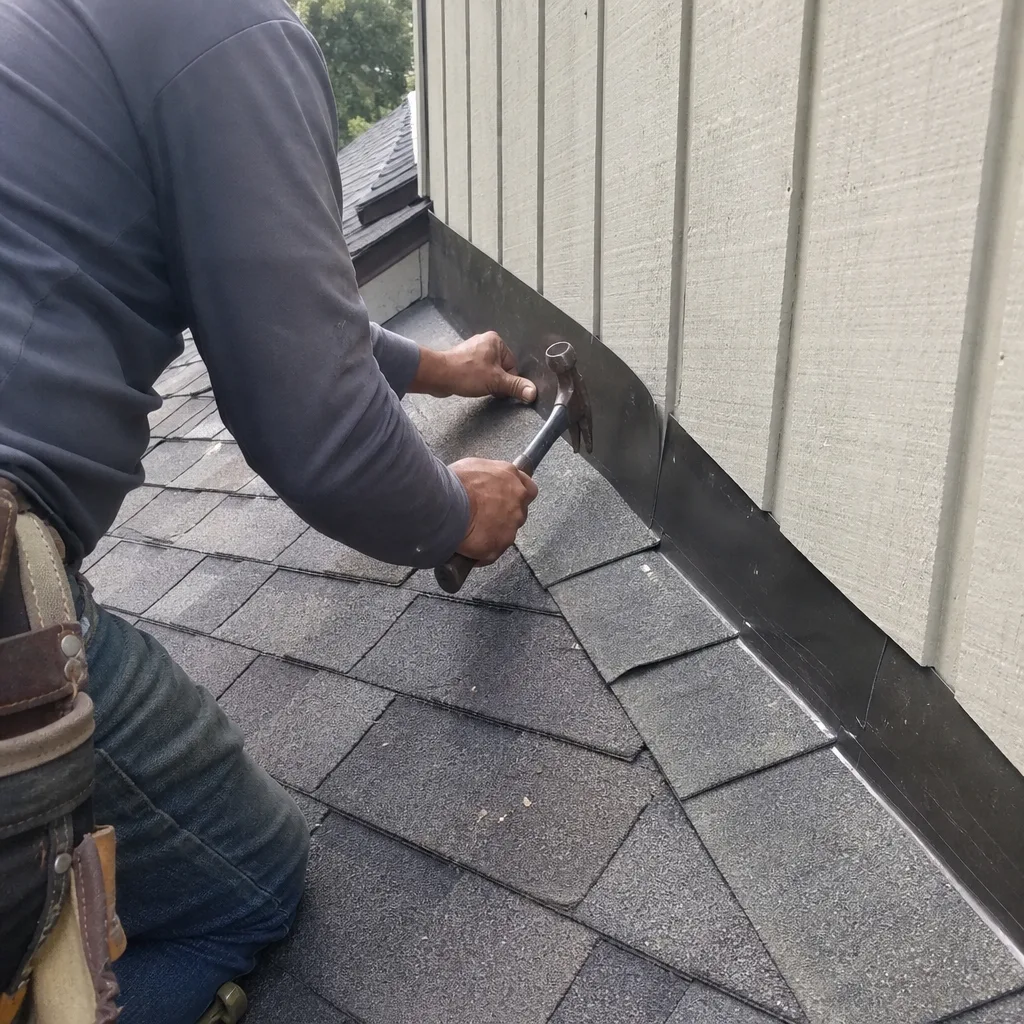 Professional roofer installing metal flashing on a residential shingled roof