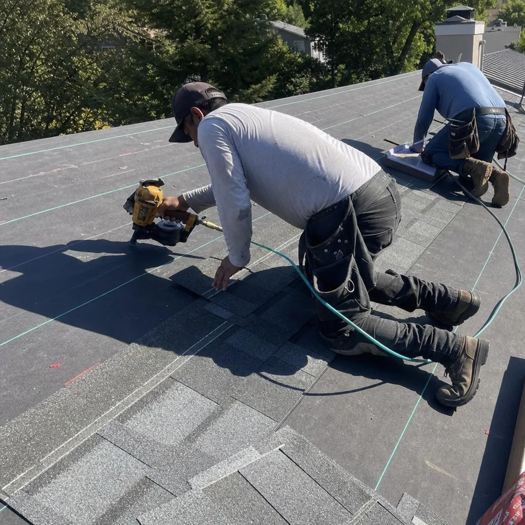 Two professional roofers installing new asphalt shingles on a sloped roof.